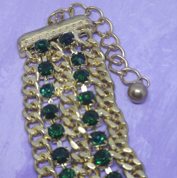 Gold Tone & Green Rhinestone Chain Chunky Bracelet - Picture 4 of 9